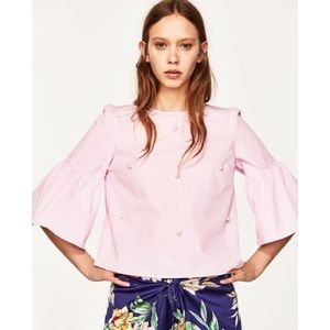 ZARA Pink Bell Sleeve Pearl Top